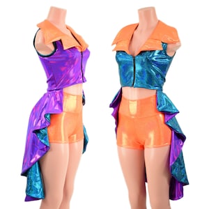 Sleeveless REVERSIBLE Crop Jacket w/Tuxedo Tails & Showtime Collar Zipper Front/ Grape Holographic/Ocean Sparkle, Collar Orange SJ 860255