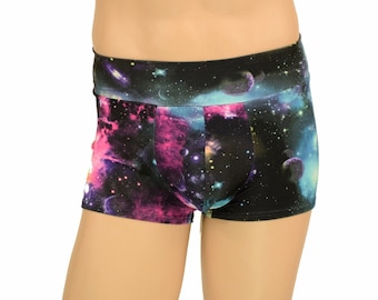 May include: Black boxer shorts with a galaxy print featuring pink, blue, and green colors.