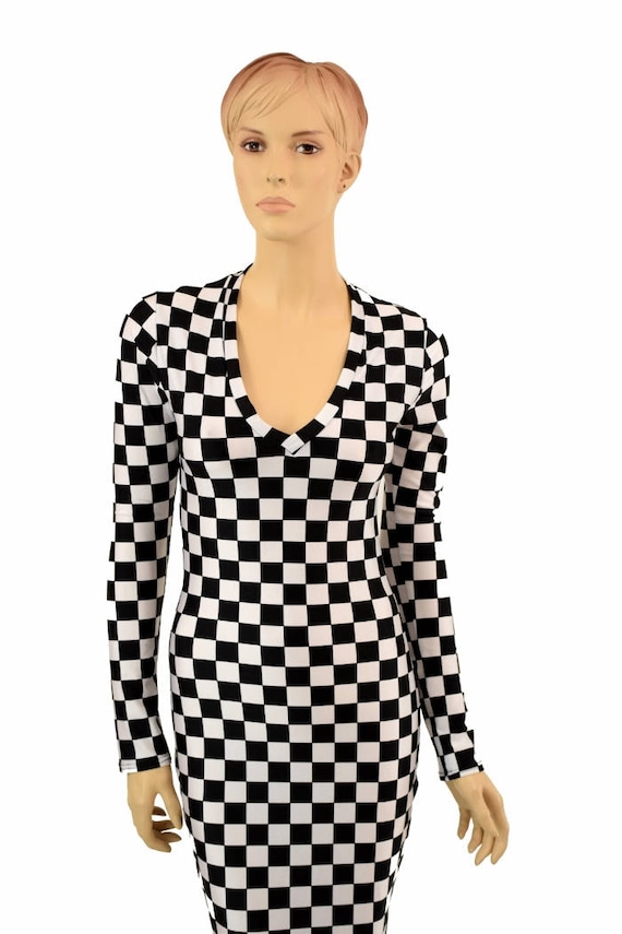 White Checkered Print V-neck Gown 