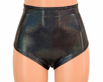 May include: Black high-waisted shorts with a shimmery iridescent finish. The shorts are made of a stretchy, comfortable fabric and have a flattering fit.