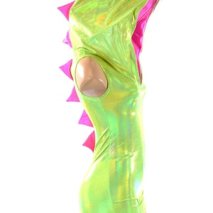 Neon Pink & Green Sleeveless Holographic Dragon Spiked Hoodie Romper with Boy Cut Leg