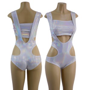 Flashbulb Holographic Hipnotic Suspender Romper and 6&quot; Mini Strapless Crop Top  158105631