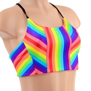 Rainbow Striped Strappy Back Criss Cross Halter Top with Black Ties 157157