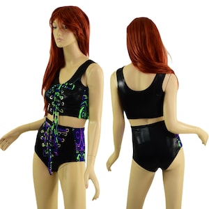 2PC Black Mystique Lace Up Mini Tank Crop Top // Front lace up Siren Shorts / Side Panels & ties in Neon Melt / 6&quot; Length 85690