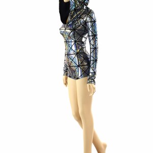 Silver on Black Cracked Tiles Holographic Long Sleeve Hoodie Romper w/Black Zen Hood Liner 151909