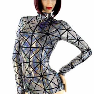 Silver on Black Cracked Tile Zipper Front Long Sleeve Holographic "Stella" Romper with Boy Cut Leg