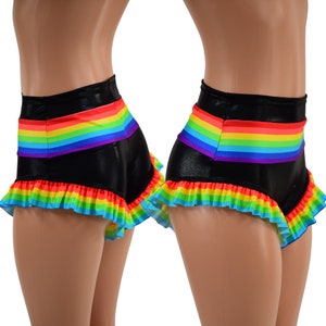 Retro Rainbow Siren Shorts in Black Mystique with Rainbow Leg Ruffles 157705