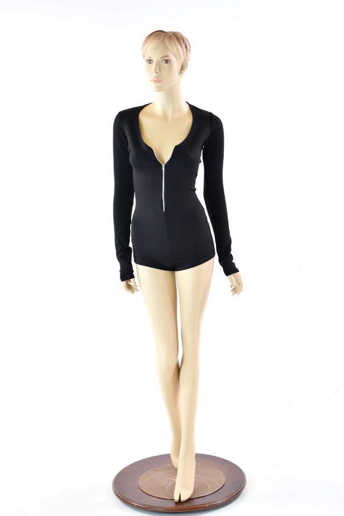 Zipper Front Long Sleeved Matte Romper - Costume Clothing