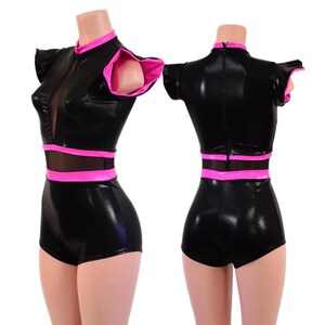May include: Black bodysuit with pink trim and mesh detailing. The short-sleeved garment features a high neckline and a fitted silhouette. The design includes a pink band around the waist and pink trim on the sleeves.