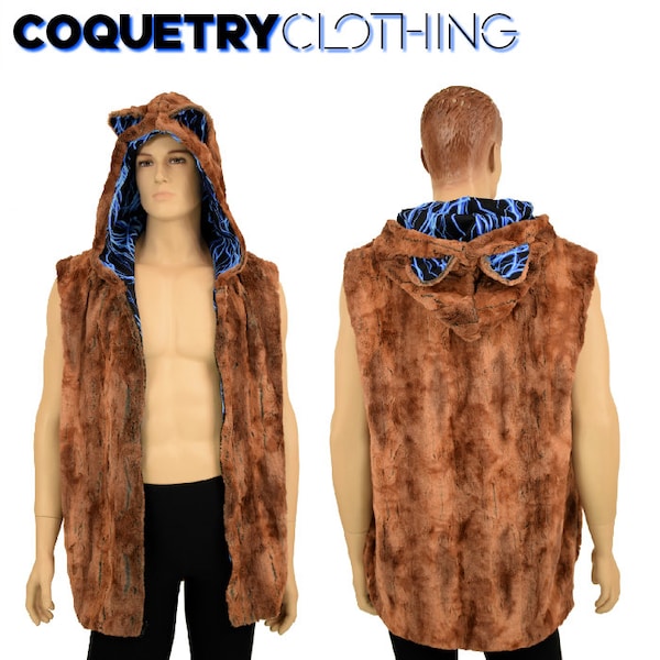 Mens Zipper Front Hooded Reversible Front Vest in Red Fox Sterling Faux Fur & UV GLOW Blue Lightning with Lion Ears and pockets - EMK307