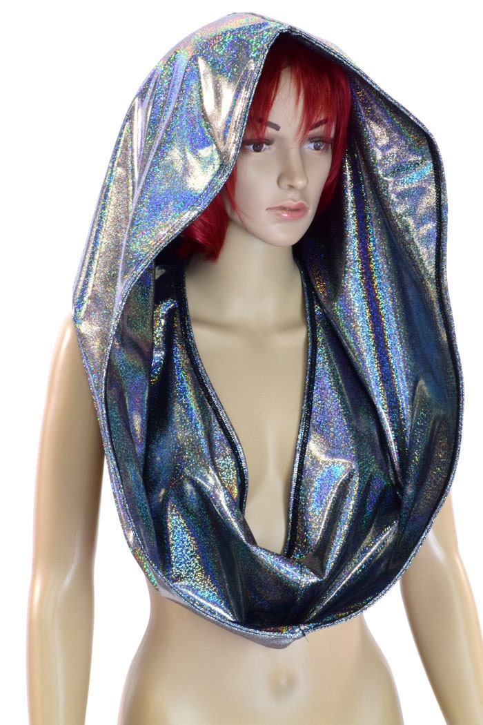 HUGE Sparkling Silver Metallic Holographic Cowl Hoodie Festival Rave Clubwear Hood Reversible Hood -