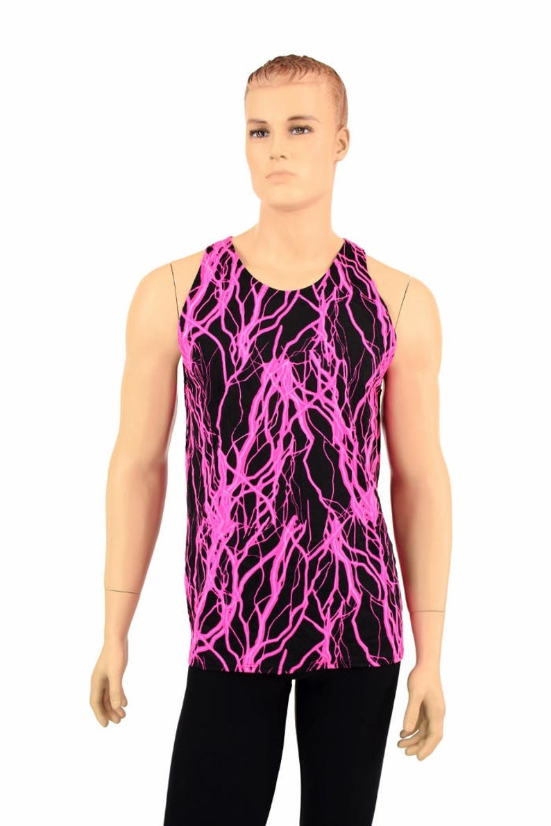 Mens Neon UV Glow Pink Lightning Muscle Shirt Mens Rave or Festival Shirt 154994