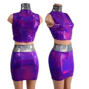 Grape Purple Holographic Sleeveless Turtle Neck Crop Top & Bodycon Skirt Set with Silver Holographic Waistband and Turtleneck -157892