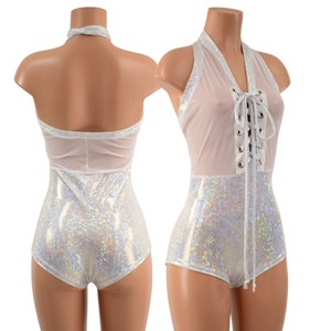 White Mesh & White Kaleidoscope Bella Style Romper with Laceup and Siren Cut Leg 157888