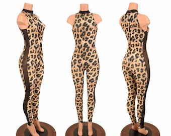 Leopard Print Zipper Back Catsuit with Black Mesh Side Panels and Black Mystique Short Collar // Cut away shoulders - 156777