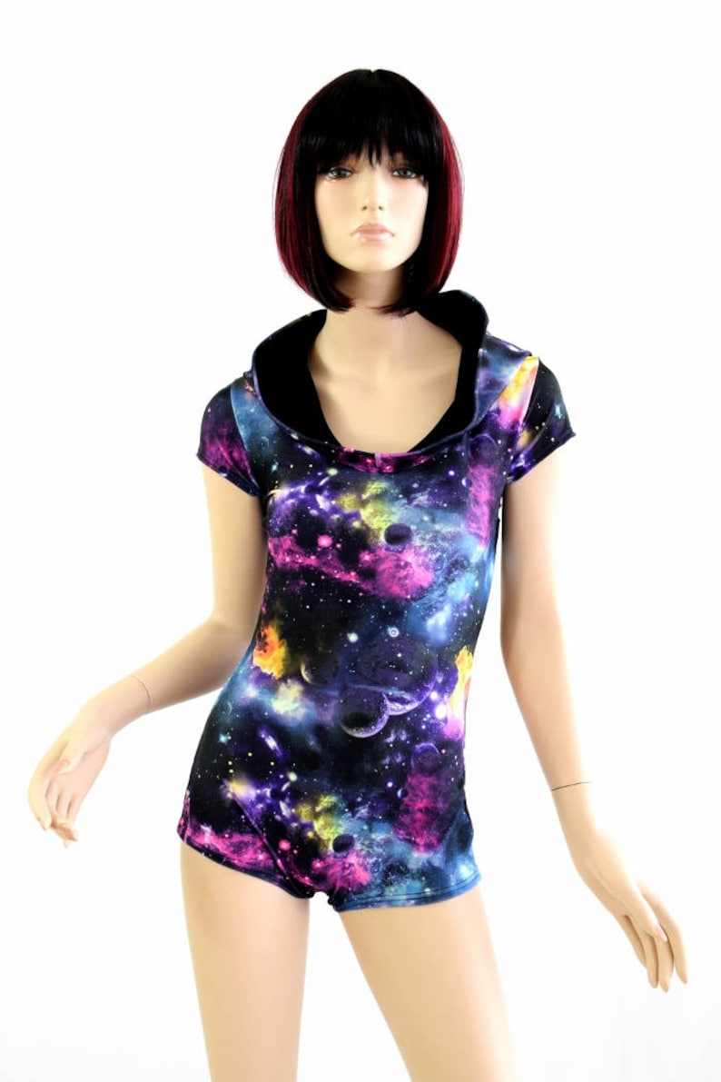 UV Glow Galaxy Cap Sleeve Hoodie Romper w/Black Zen Hood Liner and Boy Cut Leg 154475 image 3