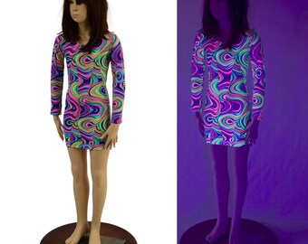 Girls Neon Glow Worm Mini Dress with Long Sleeves and Scoop Neck