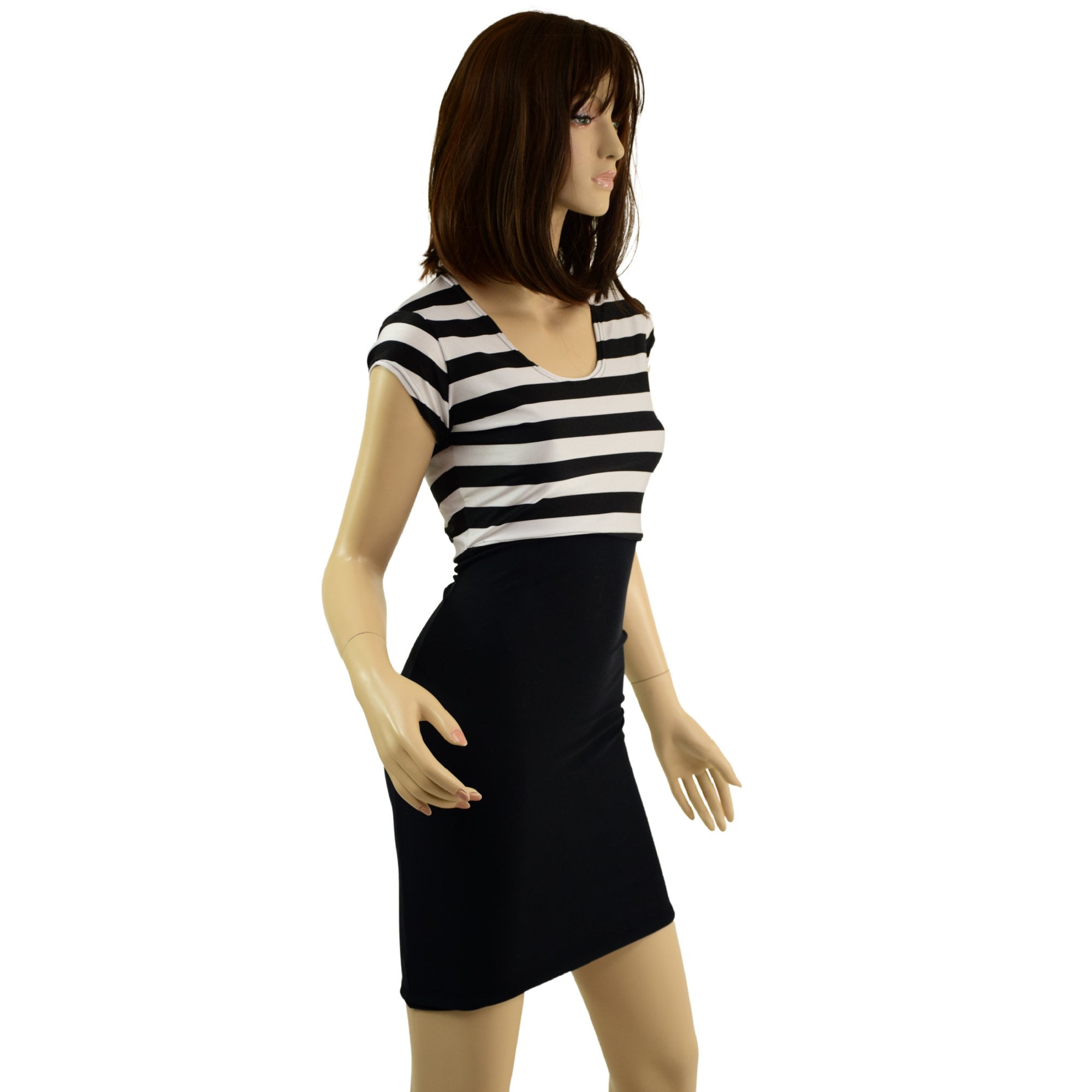 Black Zen Bodycon Dress With Black and White Stripe Bodice, Scoop Neck, Cap  Sleeves - - Etsy