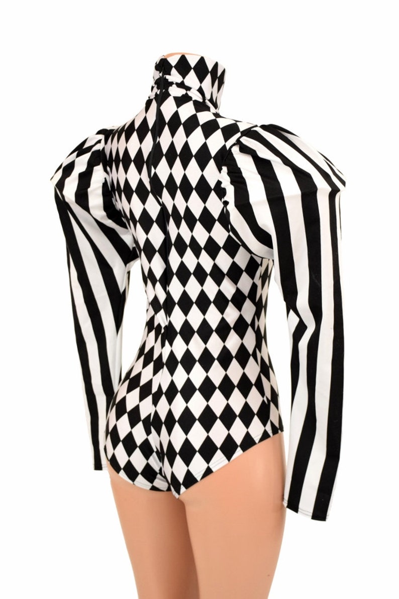 Black and White Diamond Print High Turtle Neck Back Zipper Siren Cut Romper with Black and White Stripe Puffed Victoria Sleeves 155271 image 6