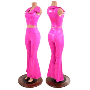 Neon Pink Solar Flares and Sleeveless Crop Top with Showtime Collar 15810393