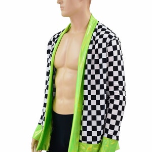 Men's Black & White Checkered Not a Cardigan with Pockets and Lime Holographic Trim and Cuffs 156885 image 5