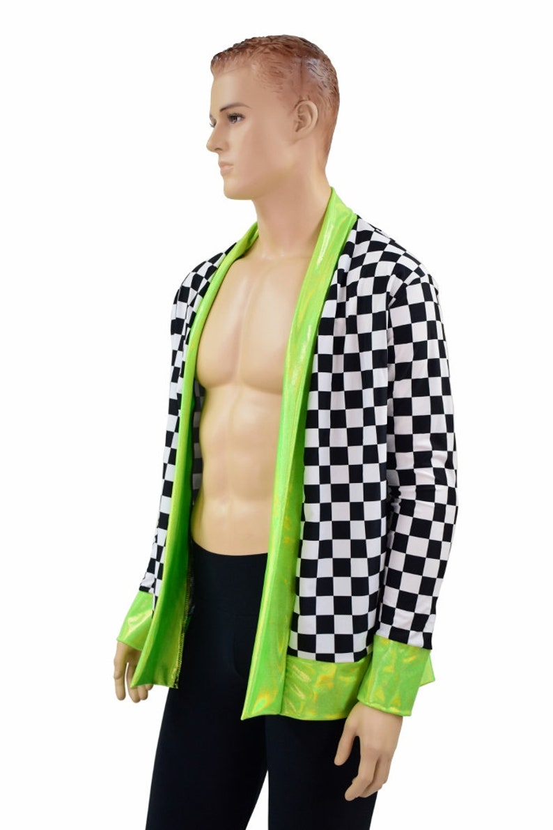 Men's Black & White Checkered Not a Cardigan with Pockets and Lime Holographic Trim and Cuffs 156885 image 5