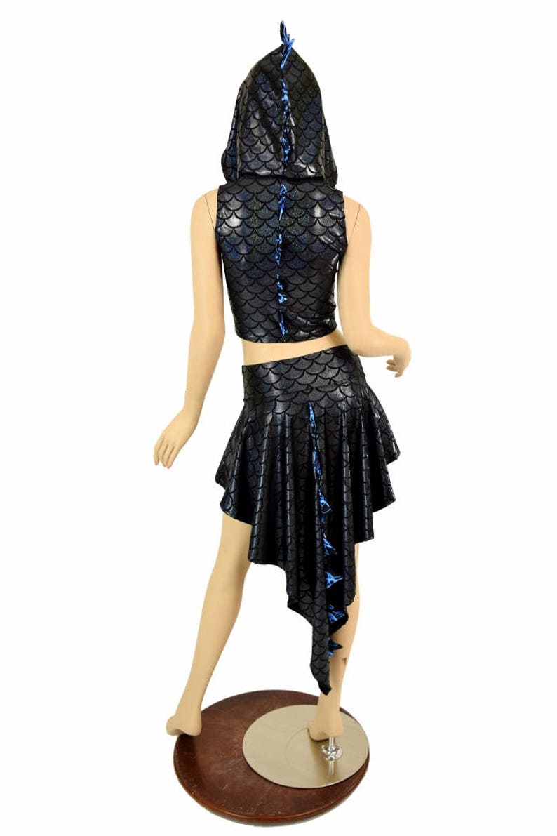 2PC Black Dragon Zipper Front Sleeveless Crop Hoodie / Blue Lightning Hood Liner & Spikes / Matching Dragon Tail Skirt 155010 image 4