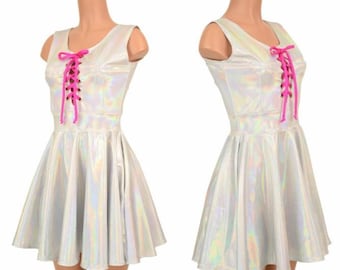 Flashbulb White Holographic Tank Skater Dress with Pink Sparkly Jewel Lace Up Tie at the Bodice