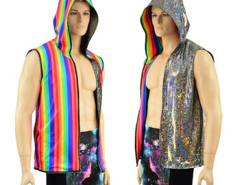Mens Open Front Reversible Hooded Vest in Silver Kaleidoscope Holographic and Vertical Rainbow Stripe