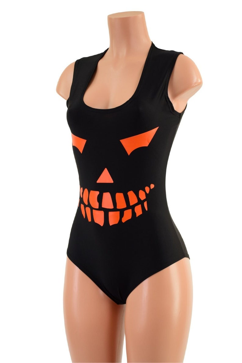May include: Black sleeveless bodysuit with an orange jack-o'-lantern face graphic.