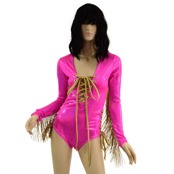 Neon Pink Long Sleeve Plunging V Neck Siren Romper with Gold Kaliedoscope Lace Up at the Neckline & both hips / Gold fringe sleeves 15810426
