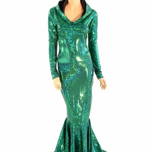 May include: A long-sleeved, green mermaid-style dress with a cowl neck and a shimmering iridescent finish.