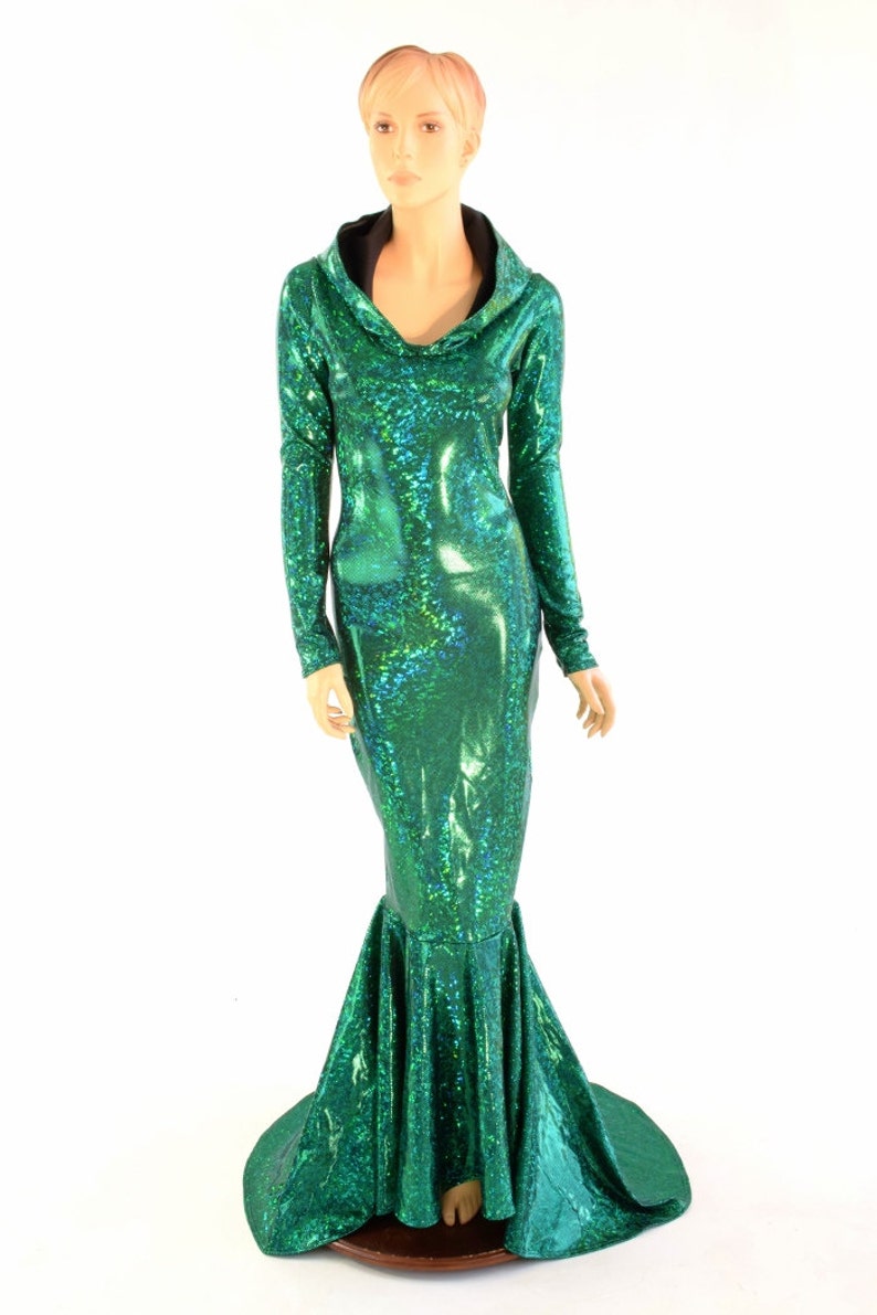 May include: A long-sleeved, green mermaid-style dress with a cowl neck and a shimmering iridescent finish.