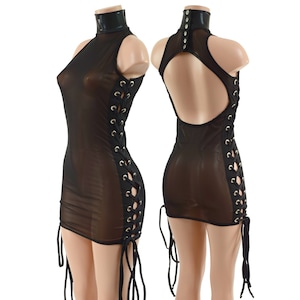 Sheer Black Mesh See Through Backless Dress with Side Laceups, Snap Back Turtleneck Backless cutout -15810511