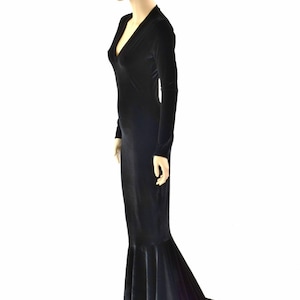 Black Velvet Morticia V-Neck Gown with Long Sleeves and Puddle Train 151555 image 4