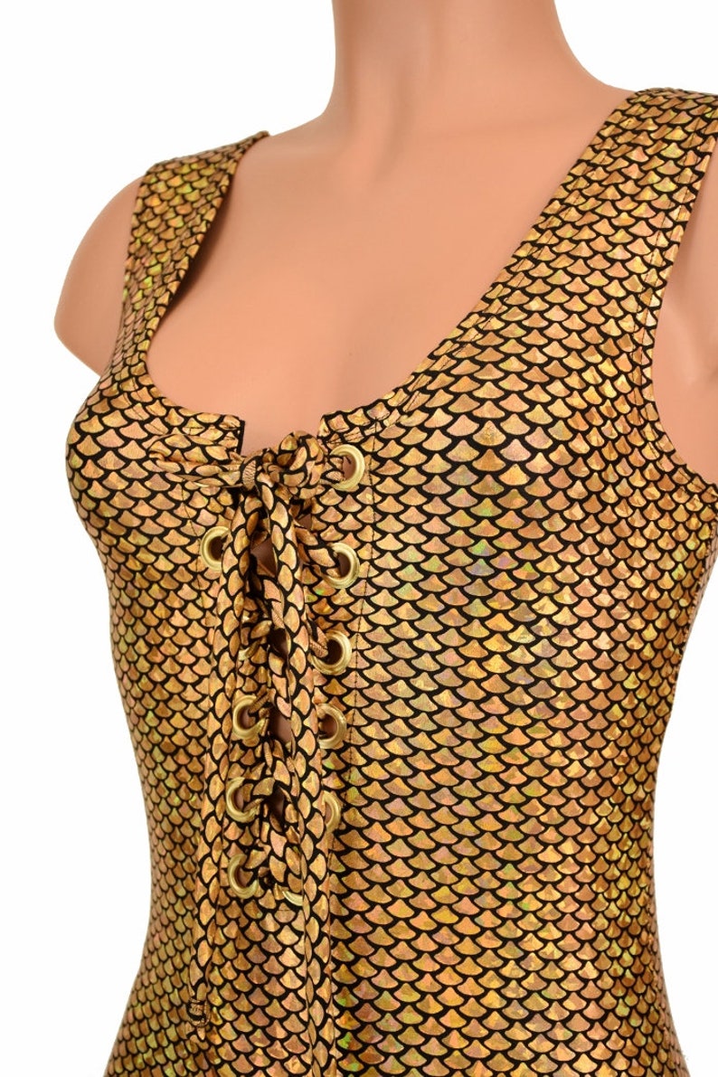 Gold Fish Scale Sleeveless Tank Style Lace up Catsuit Festival - Etsy