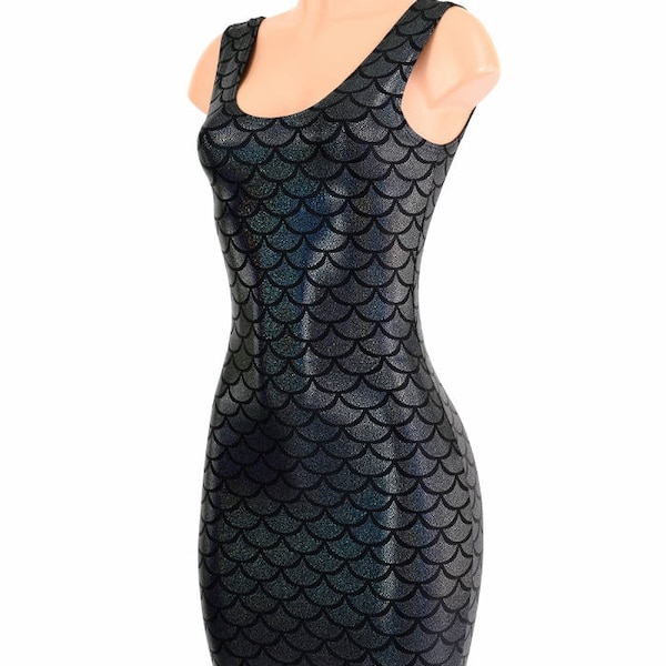 BLACK Holographic Mermaid Scale  Bodycon Clubwear Dress with Tank Style Neckline  1500102