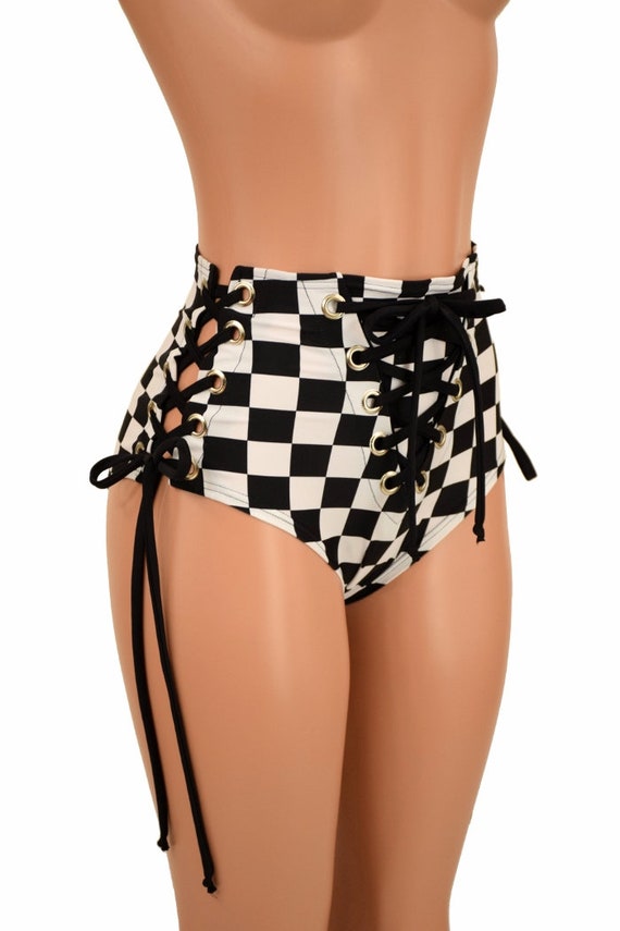 Black & White Checkered High Waist siren Hot Pants With Lace up at
