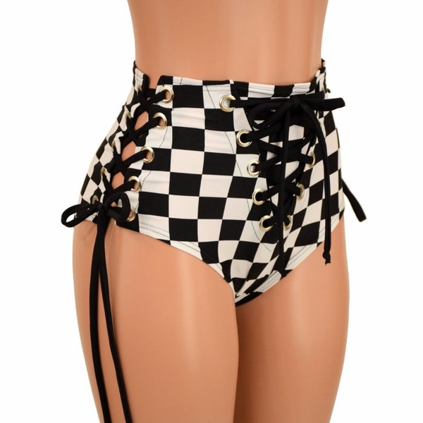 Black & White Checkered High Waist "Siren" Hot Pants with Lace Up at front and both sides // Smooth Black Spandex Ties - 156423
