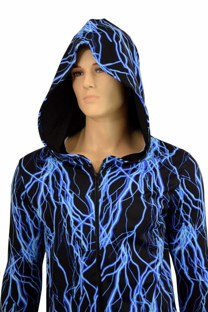 Mens Long Sleeve Hoodie With Zipper Front in Neon Blue
