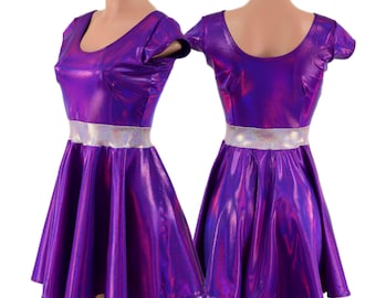 Grape Holographic Daphne Dress with Lilac Sparkly Jewel Waisband Cap sleeve Skater Dress
