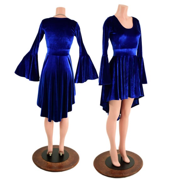 Sapphire Blue Velvet Hi-Lo Trumpet Sleeve Dress - Coquetry Clothing 2XL