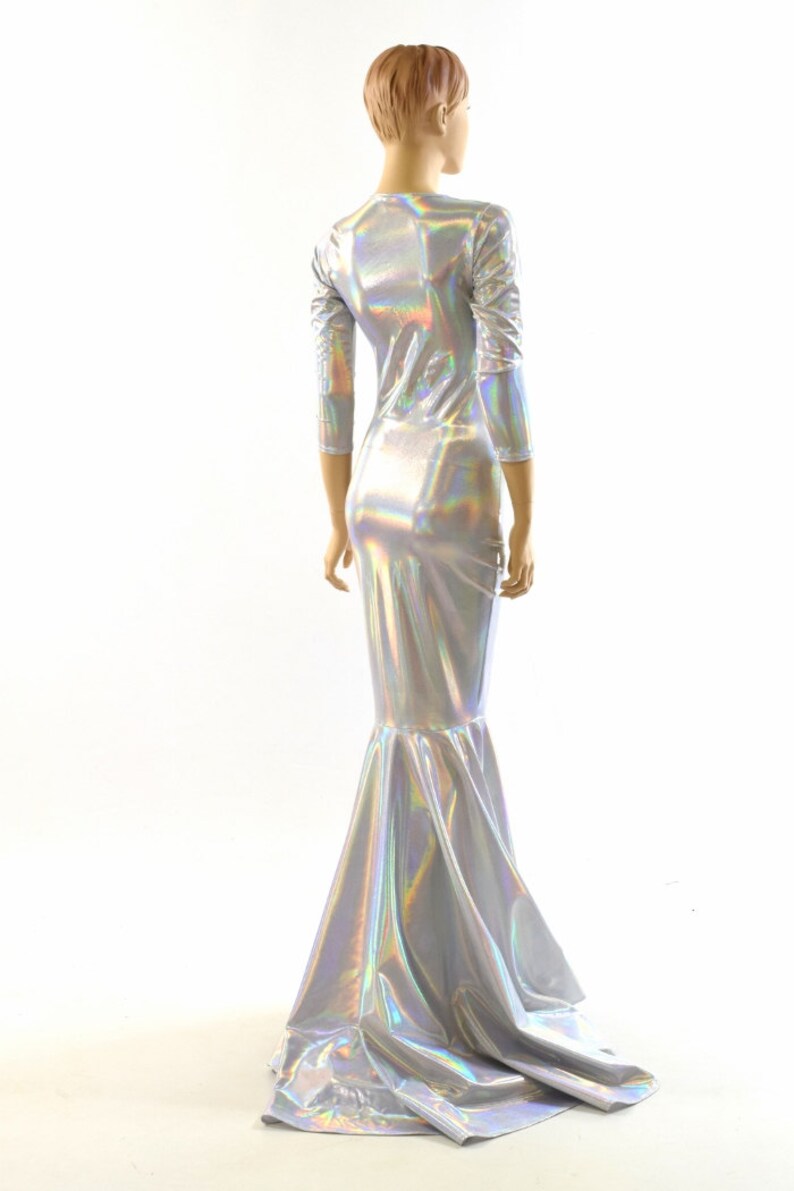 Glamorous, Bombshell Flashbulb Holographic Gown with Scoop Neckline, 3/4 Sleeves and Puddle Train 152025 image 3