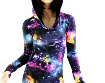 UV Glow Galaxy Space Print Long Sleeve Hoodie Romper Rave with Boy Cut Leg and Black Zen Hood Liner 154476