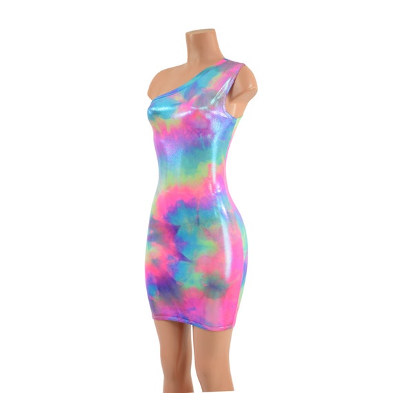 cotton candy bodycon dress NEON UV Glow Holographic One Shoulder Mini strapless neckline and the 29042024md Bridesmaid Wearing Sneakers | Color:petrol blue