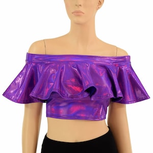 Grape Purple Holographic Off Shoulder Crop Top 155085 image 1