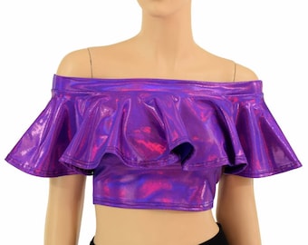 Grape Purple Holographic Off Shoulder Crop Top -