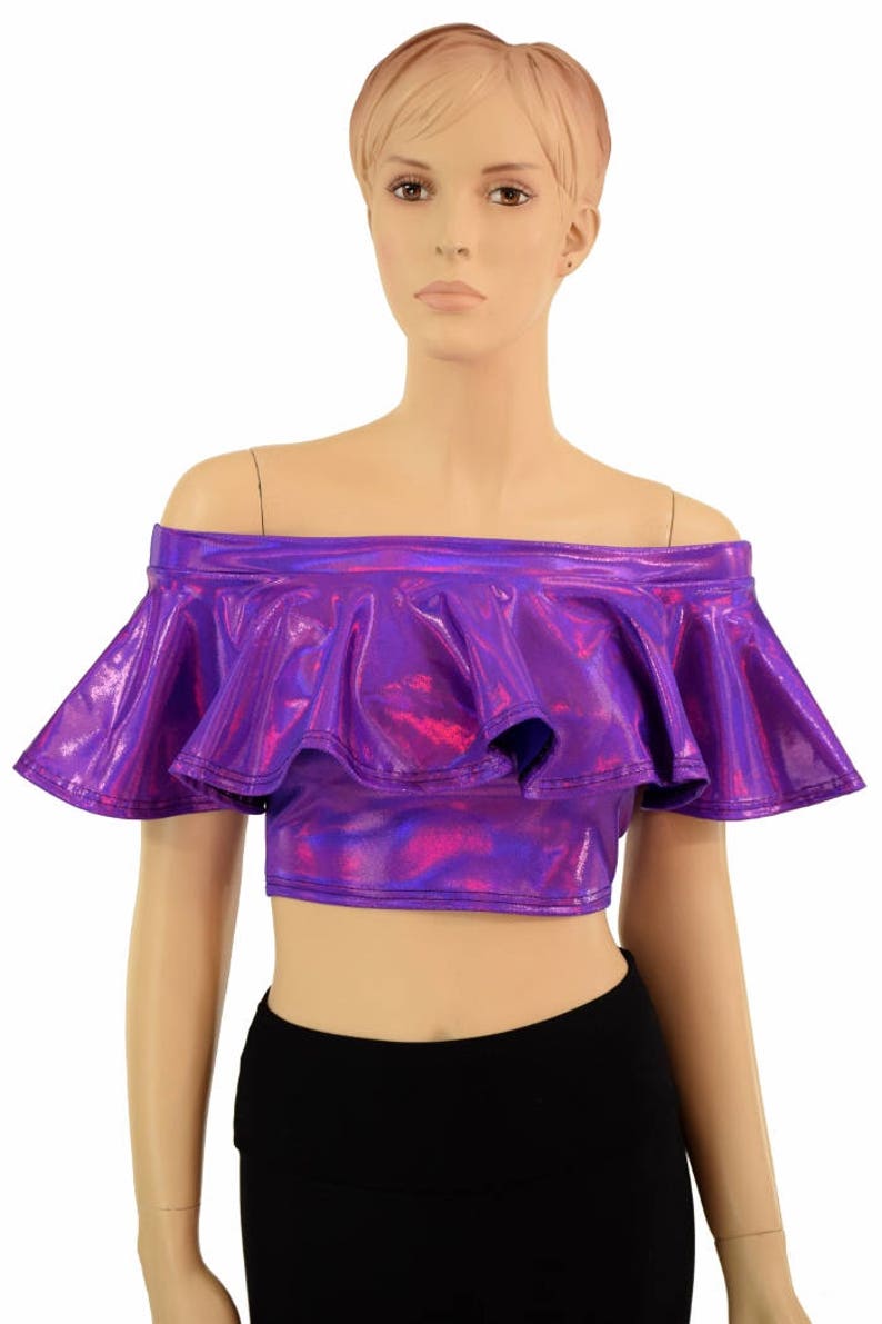 Grape Purple Holographic Off Shoulder Crop Top 155085 image 1