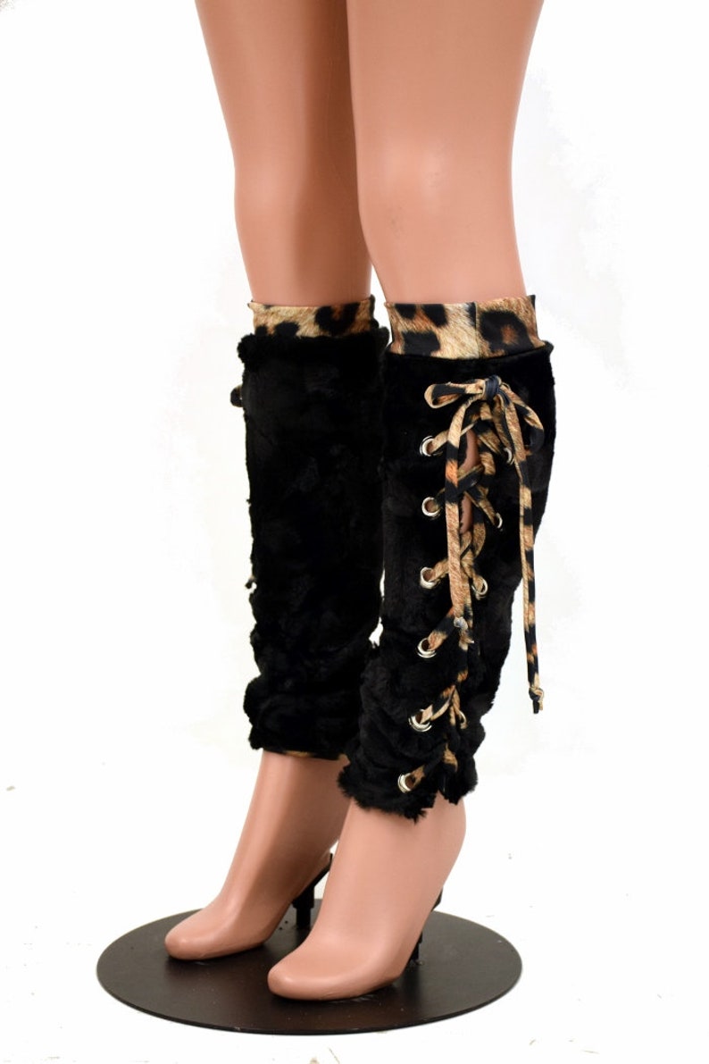 Black Minky Faux Fur Lace up Leg Warmers // Leopard Print Etsy