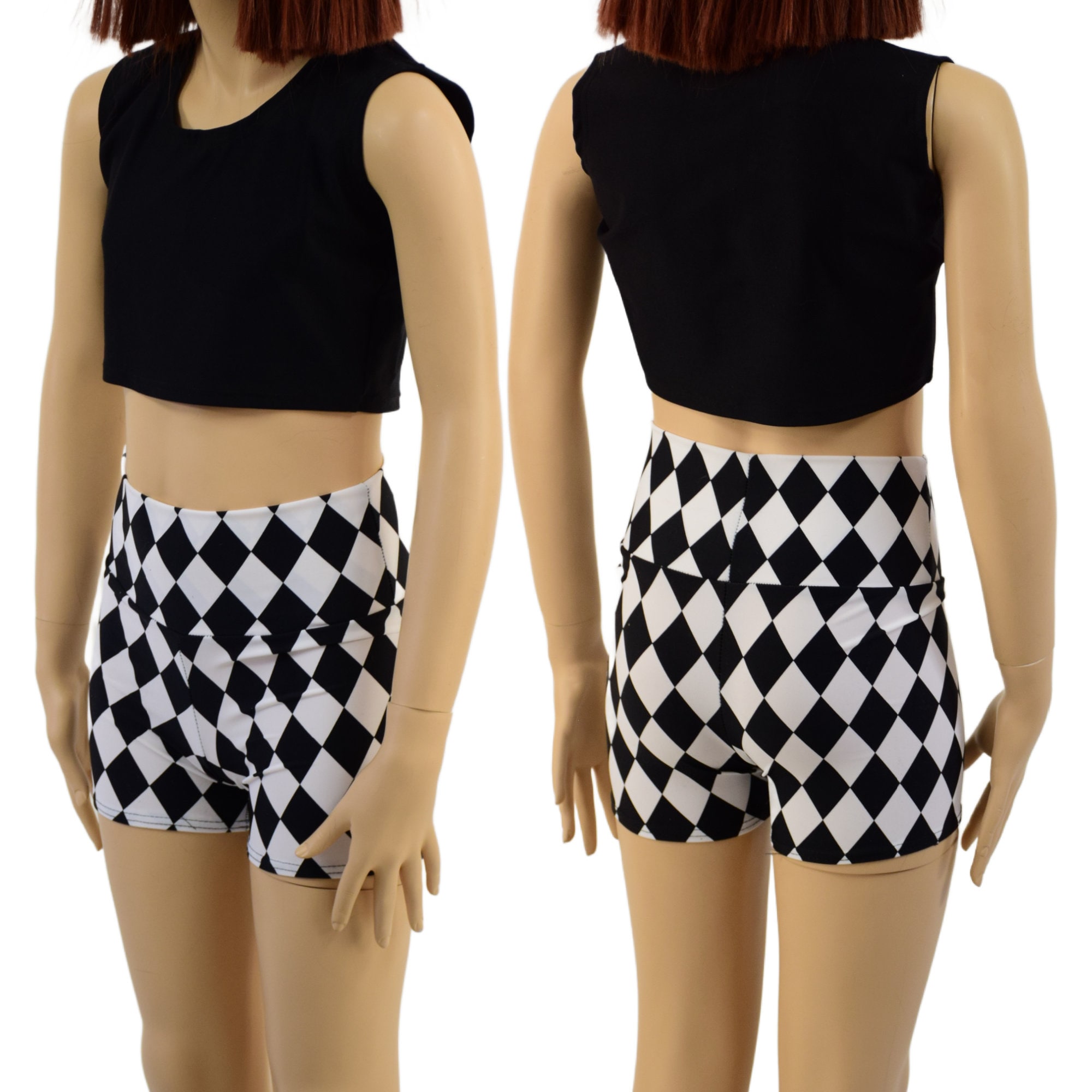 Kids Black & White Diamond Print High Waist Shorts with 2.5" Inseam-